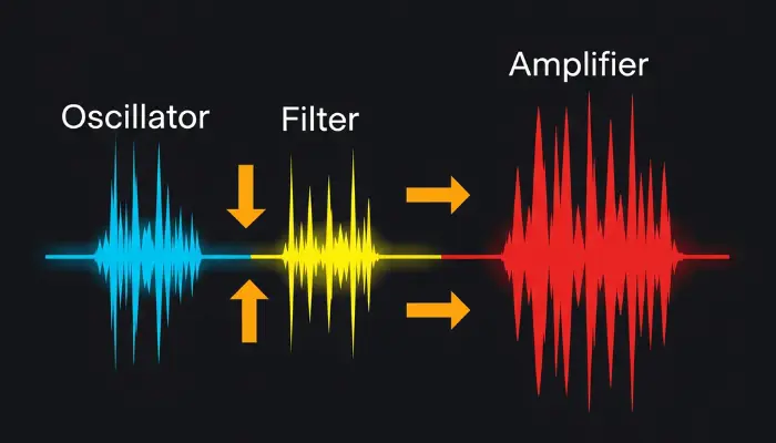 Para que serve o amplificador do sintetizador? 3 Fluxo de sinal de uma forma de onda de um sintetizador